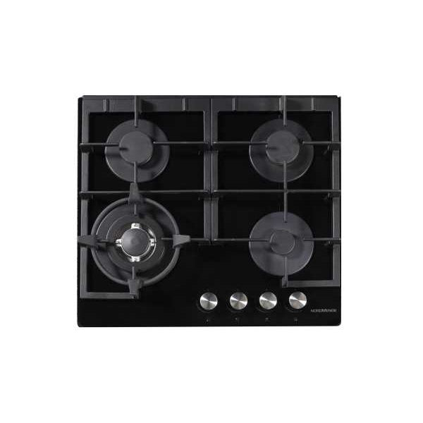 NordMende HGX603BGL 60cm Gas Hob with Cast Iron Pan Supports Black Glass