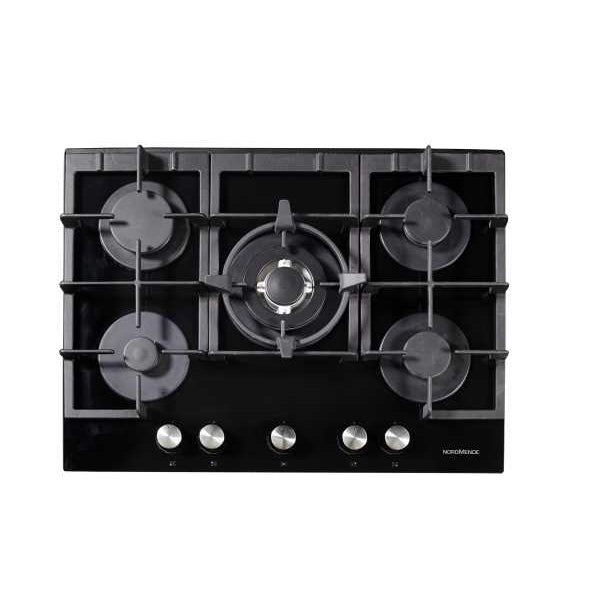 NordMende HGX703BGL 70cm Gas Hob with Cast Iron Pan Supports
and Central Wok Burner Black Glass