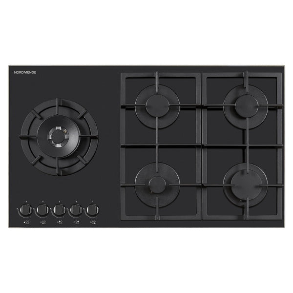 NordMende HGX904BGL 90cm Gas Hob with Cast Iron Pan Supports
and Side Wok Burner Black Glass