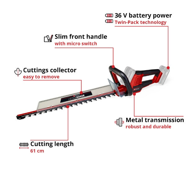 Einhell PXC 36v GE-CH 36/61 Li Hedge Trimmer, 61cm Cutting Length - Body Only