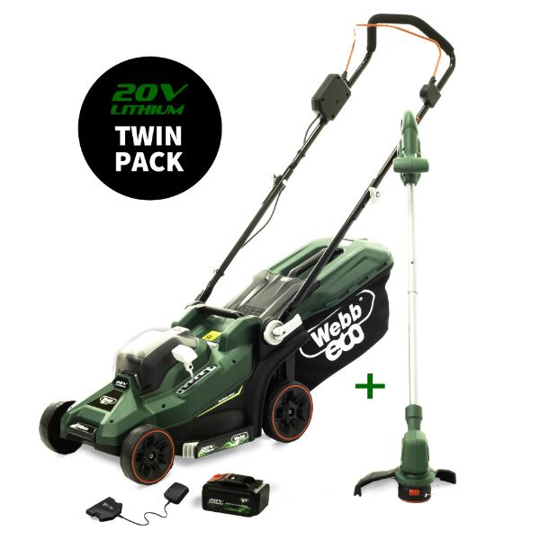 Webb 20V 33cm (14") Cordless Rotary Lawnmower plus 20V 25cm Line Trimmer (4AH Battery & Charger)
