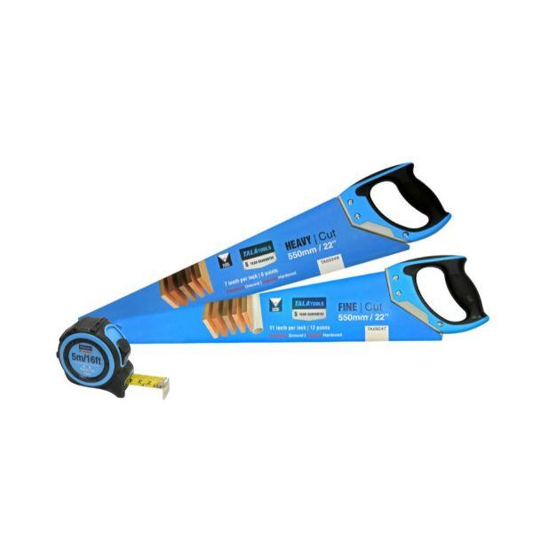 Talatools Fine Cut Handsaw 550mm (22In) Twinpack with Free 5M/16Ft Measuring Tape Set