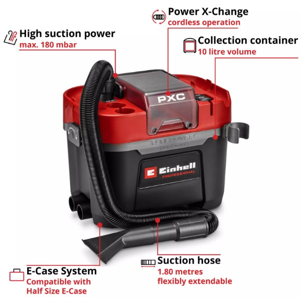 Einhell Professional PXC 18V TP-VC 18/10 Li Brushless 10 Litre L Class Wet & Dry Vac - Body Only