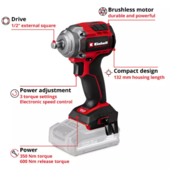 Einhell Professional PXC 18V TP-CW 18/350-C Li 350Nm Brushless 3 Speed Compact Impact Wrench - Body Only