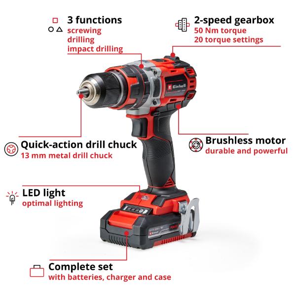 Einhell PXC 18v TP-CD 18/50 Li-i BL Cordless Combi Drill Kit (2x2,0Ah)