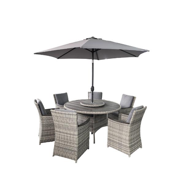 Algarve Outdoor 6 Seater Polywood Table Top Outdoor Dining Set with Lazy Susan, Parsol & Cover