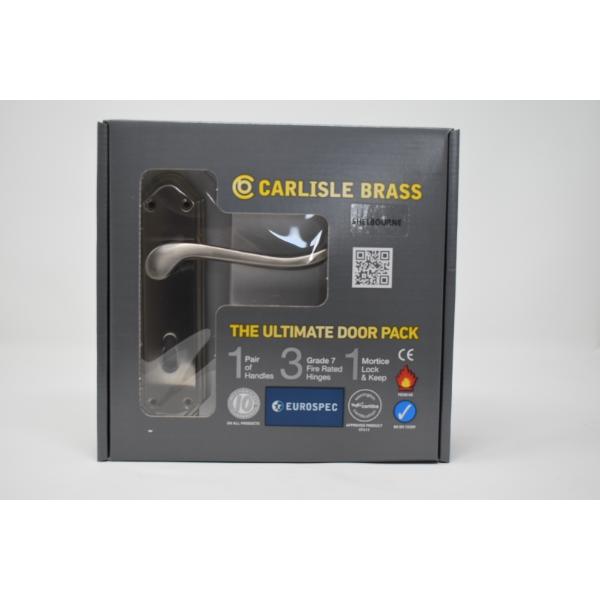 Carlisle Brass Ultimate Door Pack Shelbourne Lever On Place Lock And 3 Hinges Satin Nickle