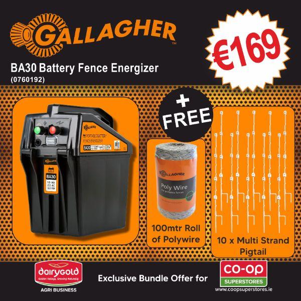 BA30 Battery Fencer Bundle with Pigtail Post x10 and Gallagher Polywire FREE