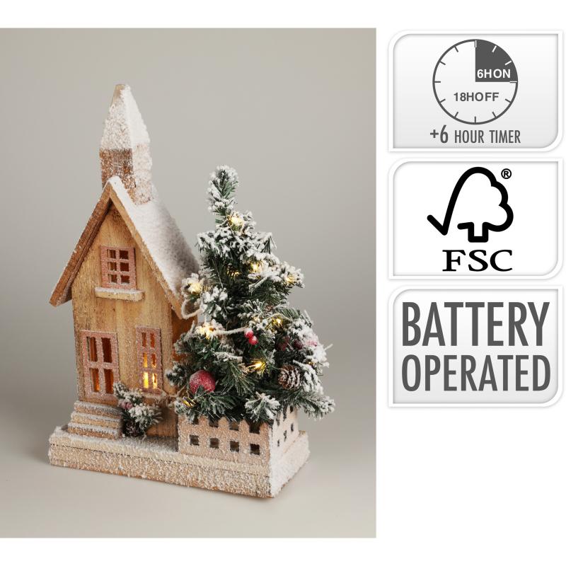 Christmas Snowy Cabin And Tree With LED