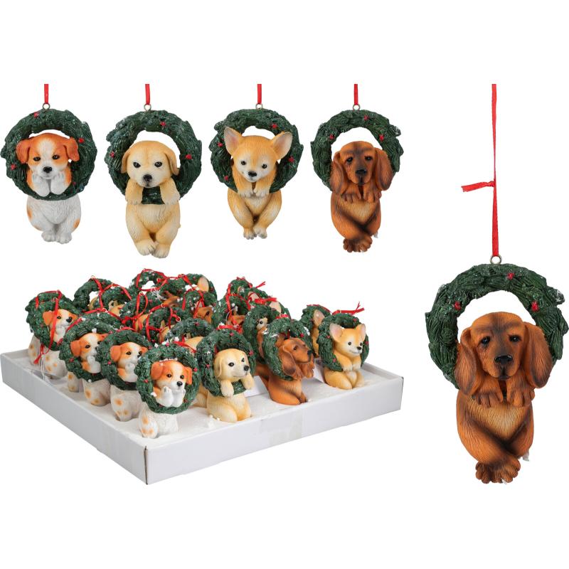 Christmas Puppy In Wreath Hanging Decoration 4 Assorted