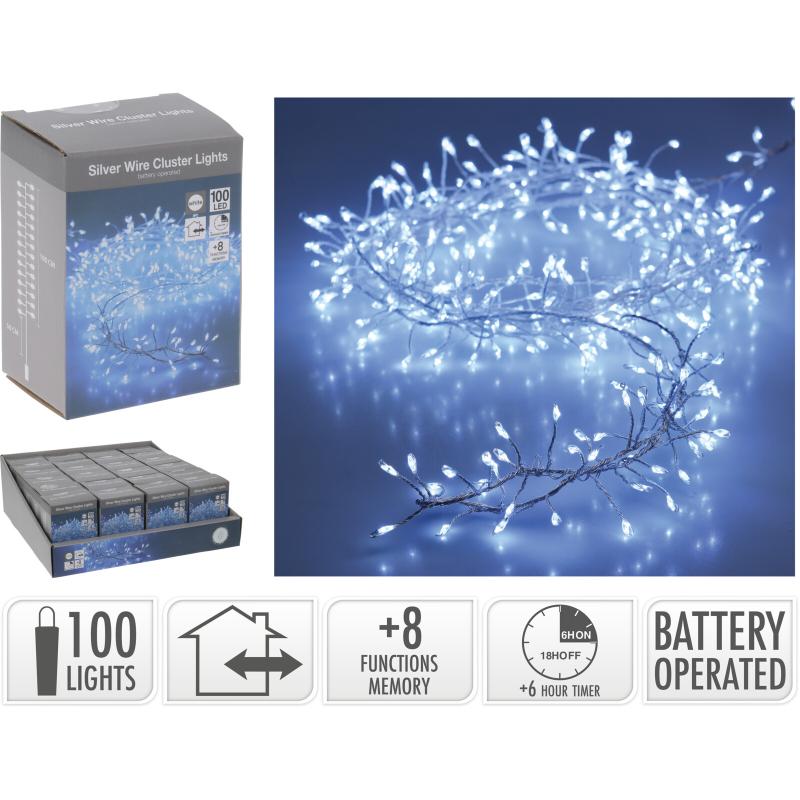 100 LED Silver Wire Cluster Battery Operated Ice White