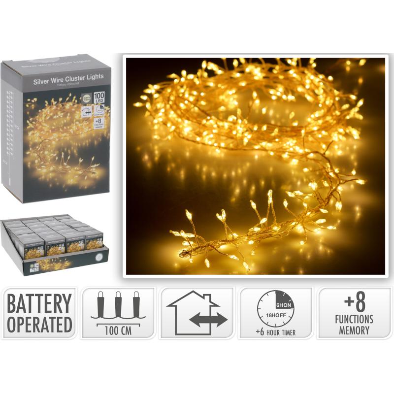 100 LED Silver Wire Cluster Battery Operated Warm White
