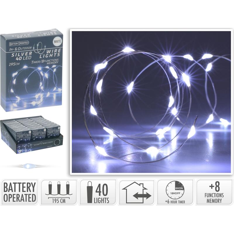 40 LED Silver Wire R Battery Operated Ice White