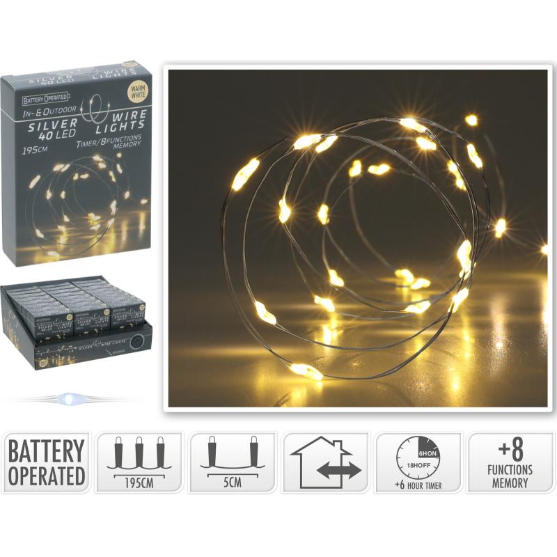 40 LED Silver Wire R Battery Operated Warm White