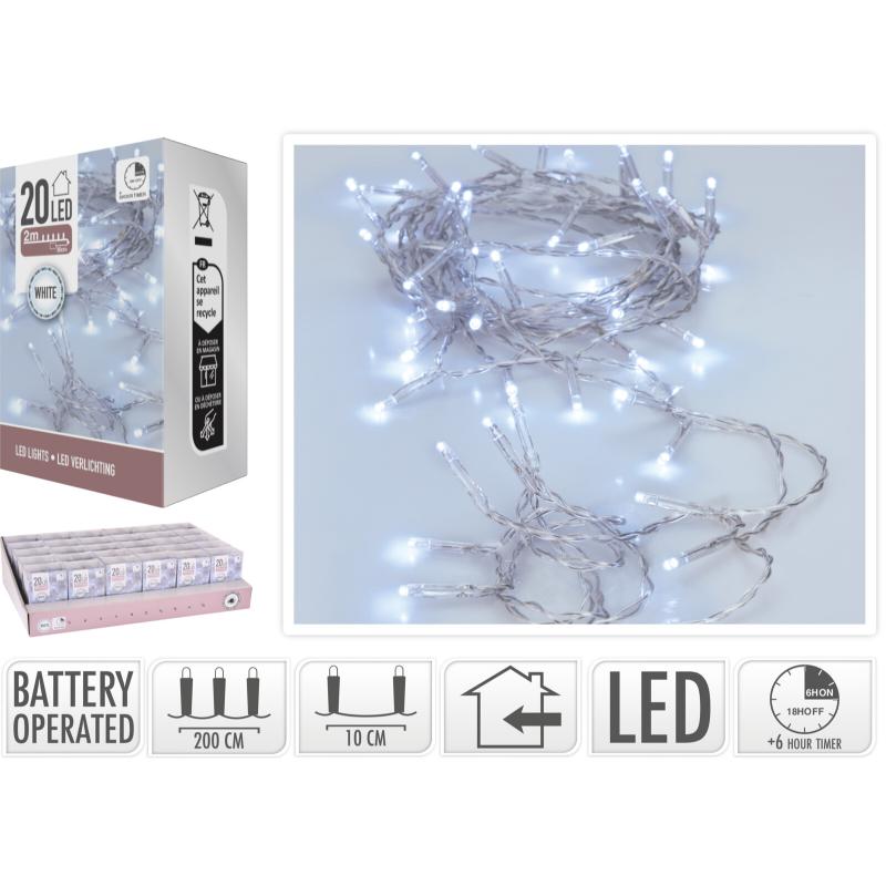 20 LED Silver Wire Battery Operated Ice White