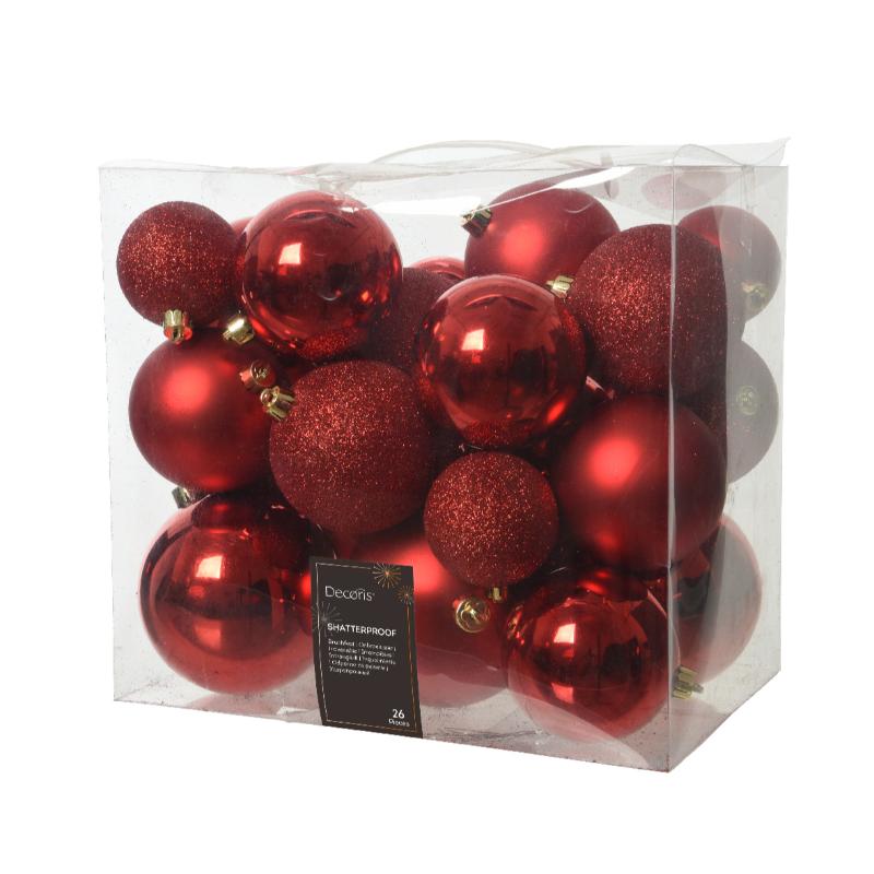 Christmas Shatterproof Red Mix Baubles Box Of 26