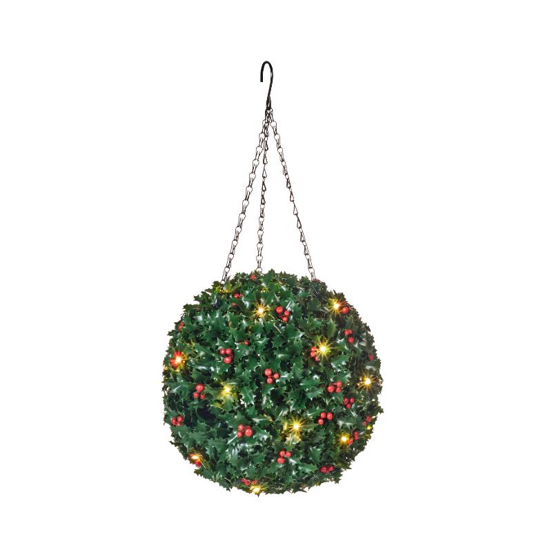 Christmas Pre-Lit Holly Topiary Ball with LED and Timer 28cm