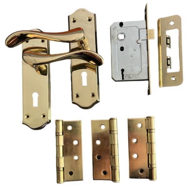 Sichern Elegant Contemporary Lock Furniture Brass Door pack, Pack contains Handles, Lock & 3 Hinges