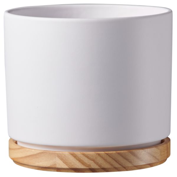 SK Indoor Pot Oslo Matte White / Wood D16Cm X H14Cm