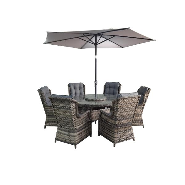 Kaia 6 Seater Rattan Outdoor Furniture Set with 3M Cranl & Tilt Parasol and Cover