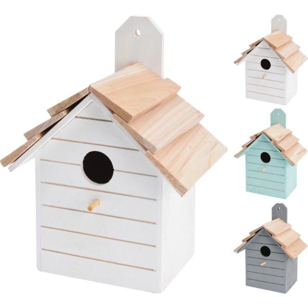 Wooden Birdhouse With Natural Roof 3 Assorted Colours 16.5x11x22.5cm