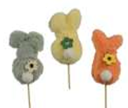 Decoris Polyester Bunny On Stick Ornament With Flower Design 3 Assorted Colours