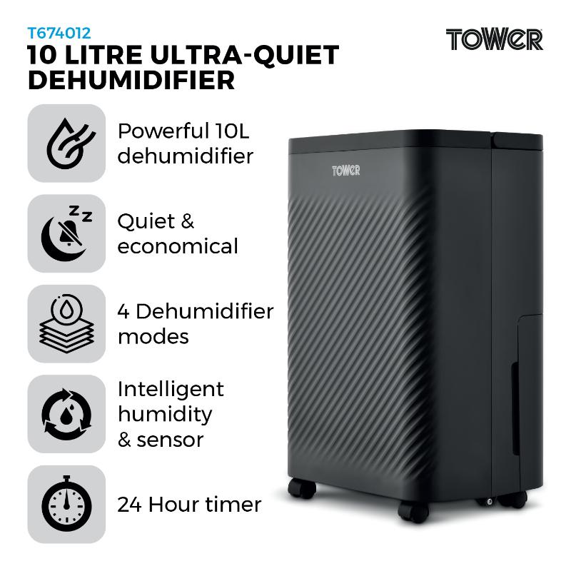 Tower 10L Dehumidifier DC Motor 24 Hour Timer & 4 Modes