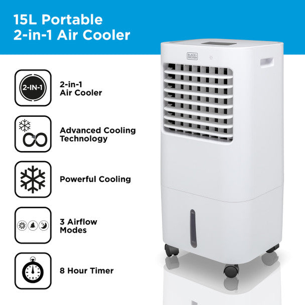 BLACK+DECKER 3-in-1 Air Cooler with 3 Speeds, 15L Water Tank,
8hr Timer, Remote Control, White