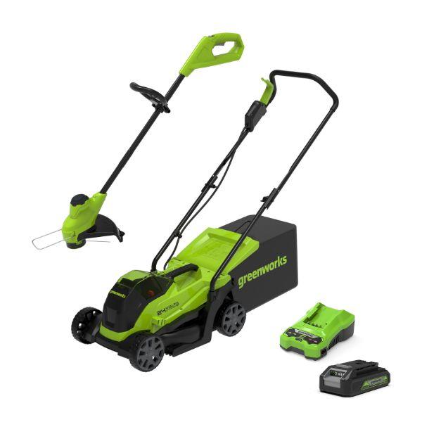 Greenworks 33cm Lawnmower & Strimmer Kit 4ah battery & charger