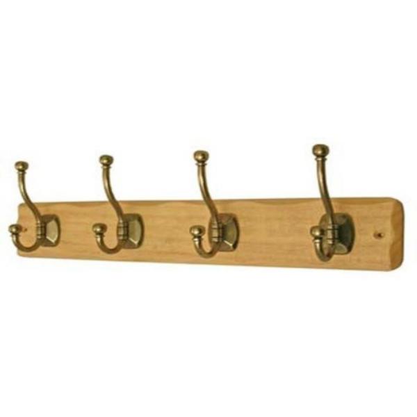 Head Bourne 4 Brass Hat & Coat Hooks on a Pine Board