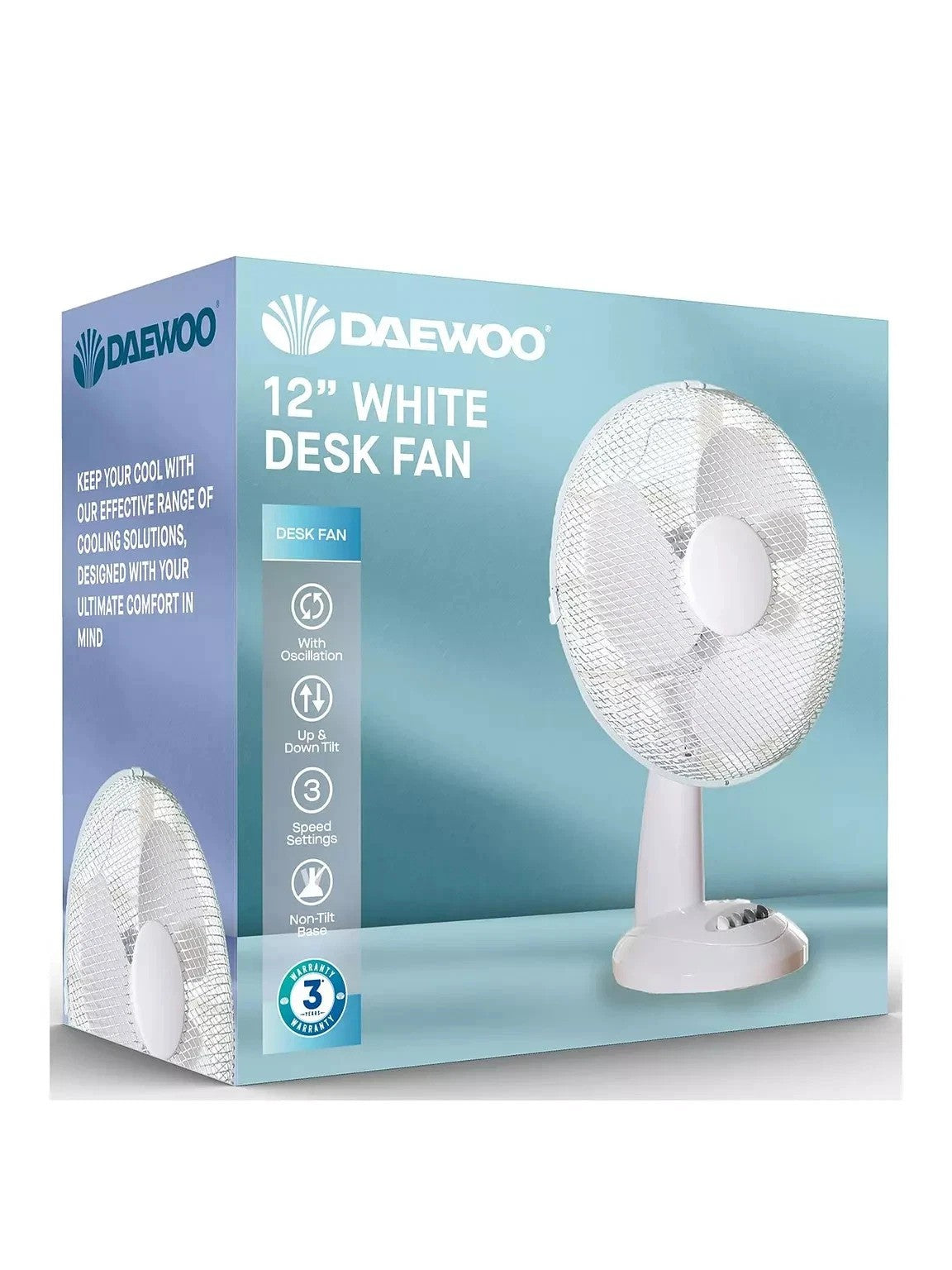 Daewoo 12" Oscillating 3 Speed Desk Fan White