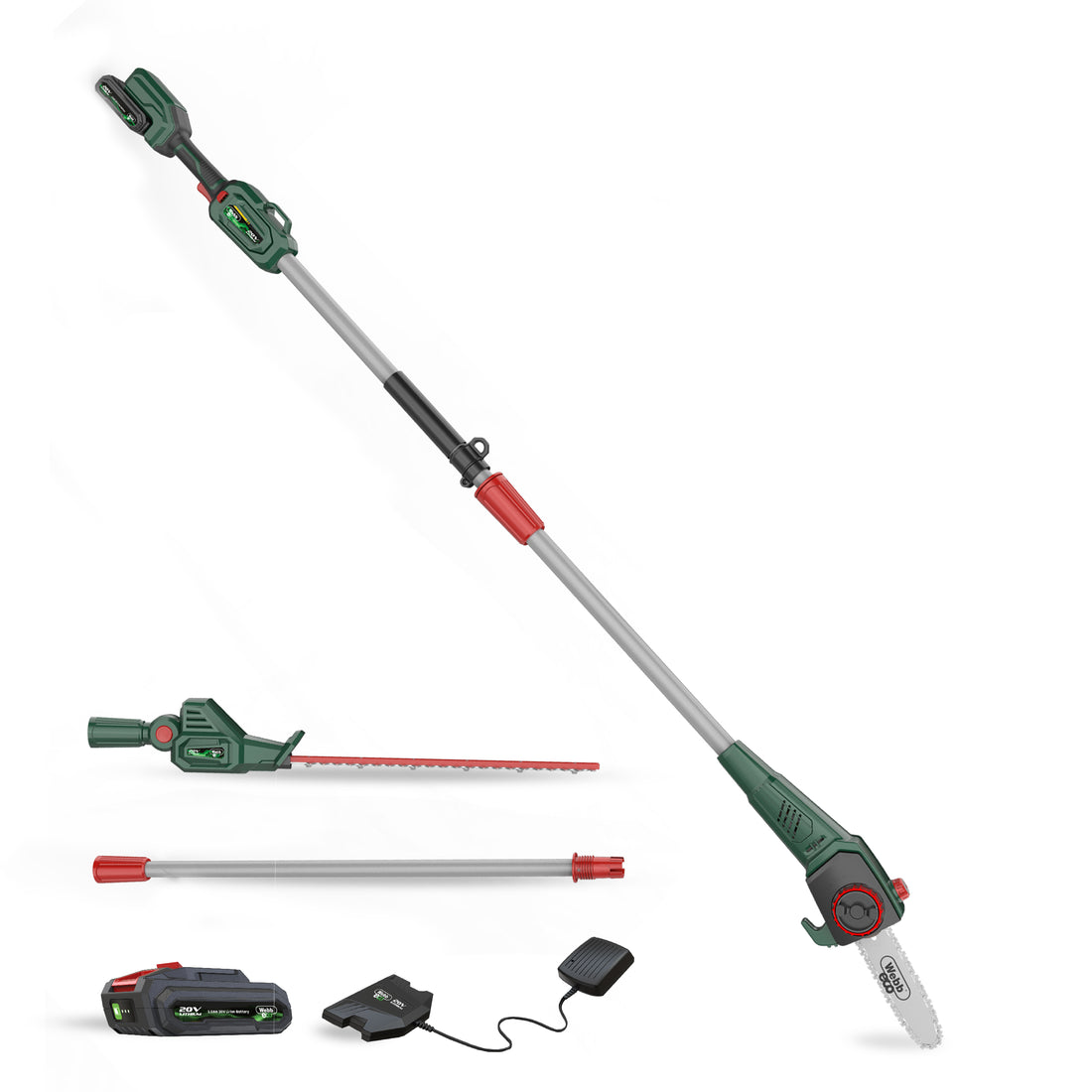 Webb Eco 20v Cordless 50cm Long Reach Hedge Trimmer & Pruner with 1 x 2ah battery & charger