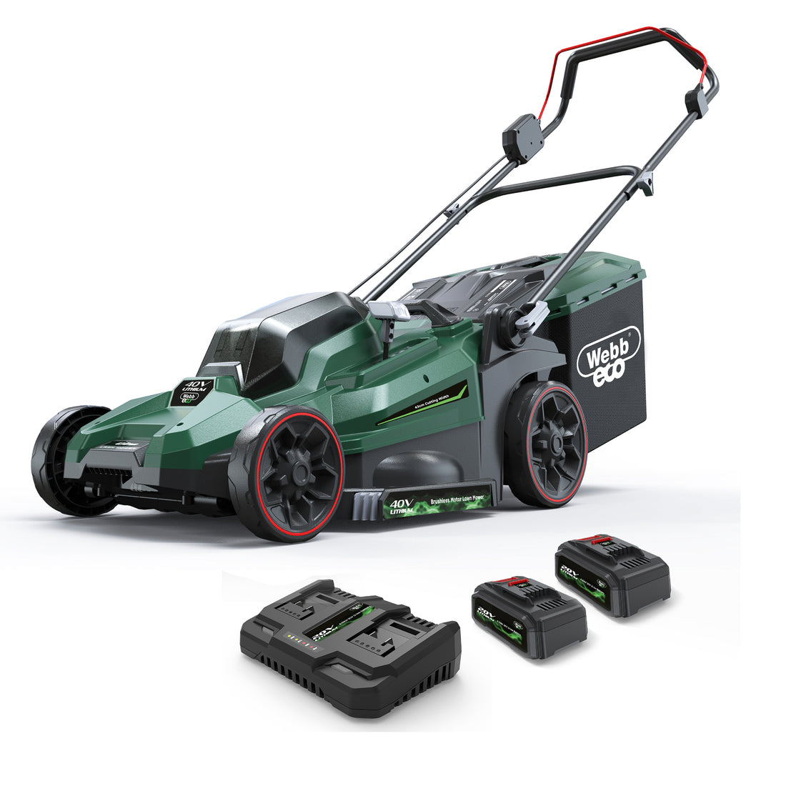 Webb Eco 40V Cordless Lawnmower 43cm with 2 x 4ah batteries & charger