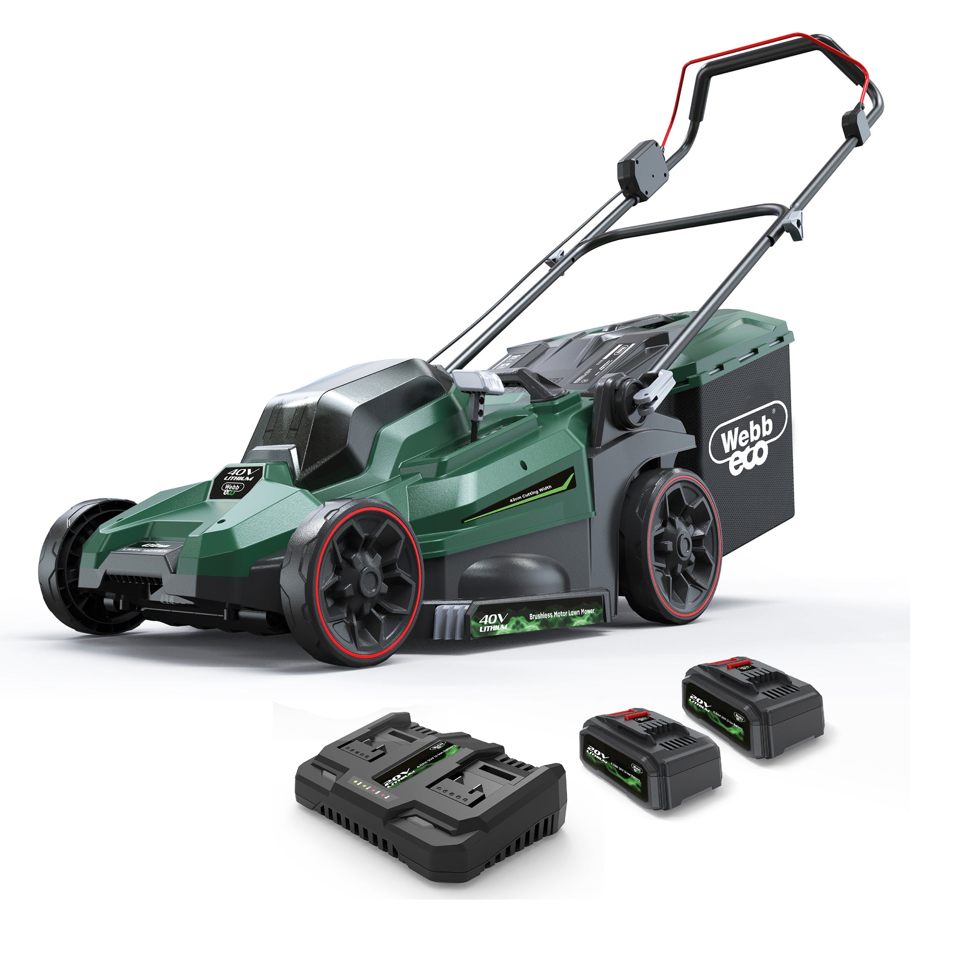Webb Eco 40V Cordless Lawnmower 43cm with 2 x 4ah batteries & charger