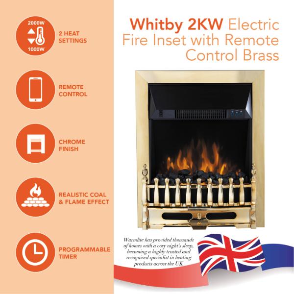 Warmlite Whitby 2KW Electric Fire Inset Brass