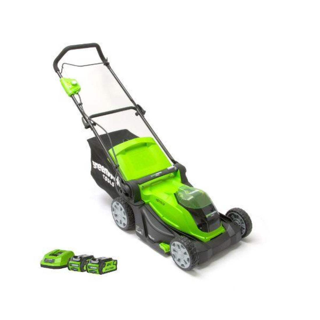 GREENWORKS 40V 41CM/16" CUT BATTERY LAWNMOWER with 2 X 2AH Batteries & Charger