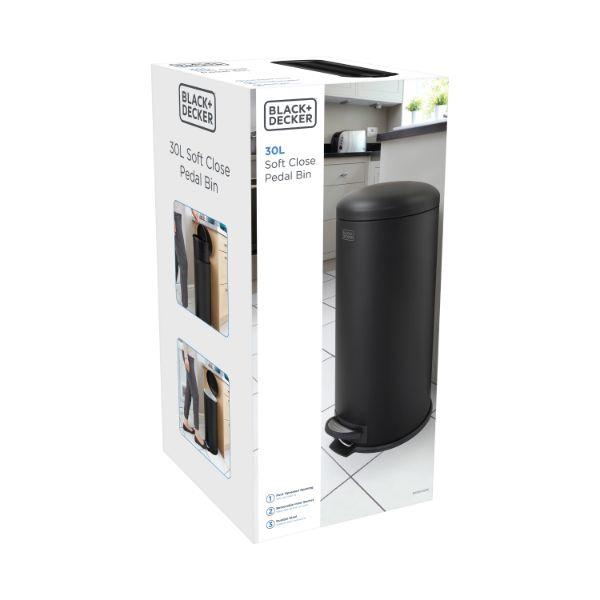 Black & Decker 30L Dome Lid Pedal Bin - Matt Black