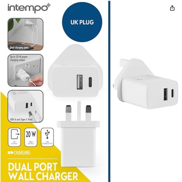 Intempo Pd 20W Usb A + C Uk Wall Charger