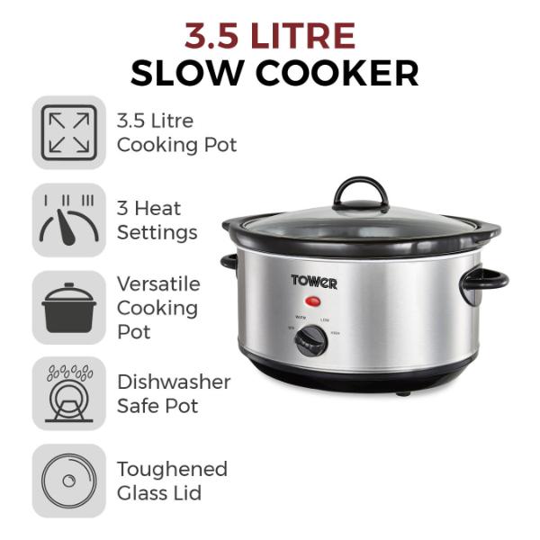 Tower T16039Y Stainless Steel Slow Cooker 3.5L