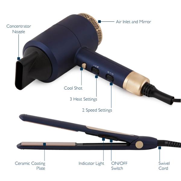 Carmen Gift 1800W Hair Dryer & Straightener Blue & Champagne