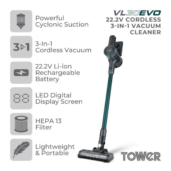 Tower VL30 Evo 22.2V Cordless 3-in-1 Pole Vacuum Green & Grey