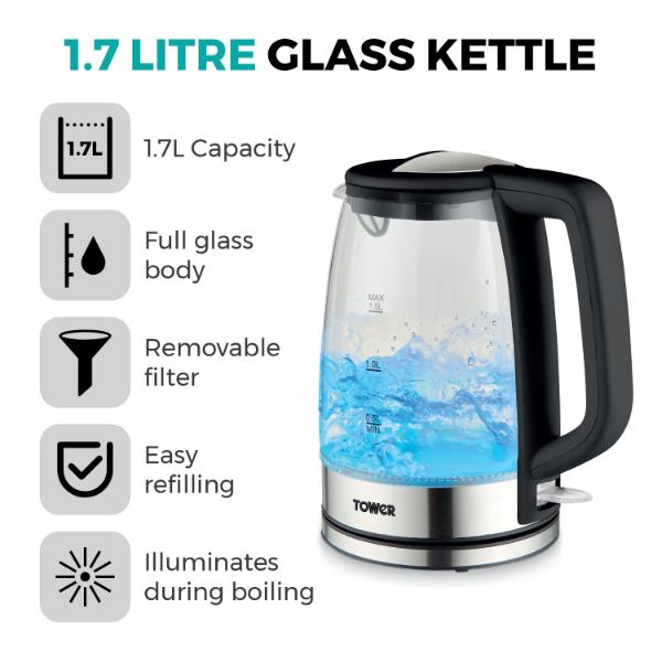 Tower Presto 1.7 Litre Glass Kettle Black