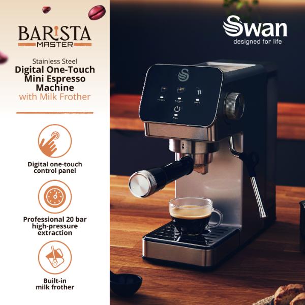 Swan Digital Mini Espresso Coffee Machine 1350W Stainless Steel