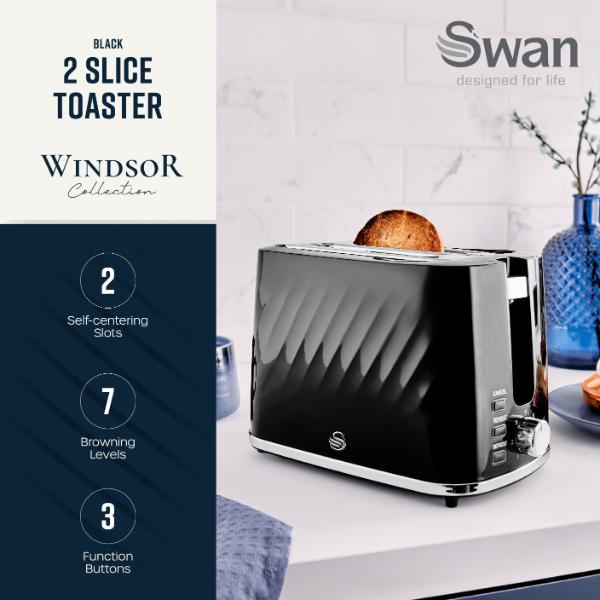 Swan Windsor 2 Slice Toaster Textured Black
