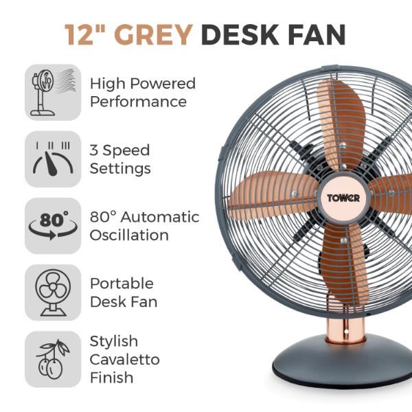 Tower Cavaletto 12" Metal Desk Fan Grey