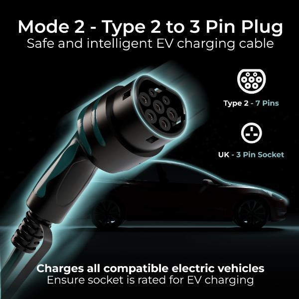 Masterplug EV Charging Cable, Mode 2, 5m, 3 Pin UK Plug to Type 2