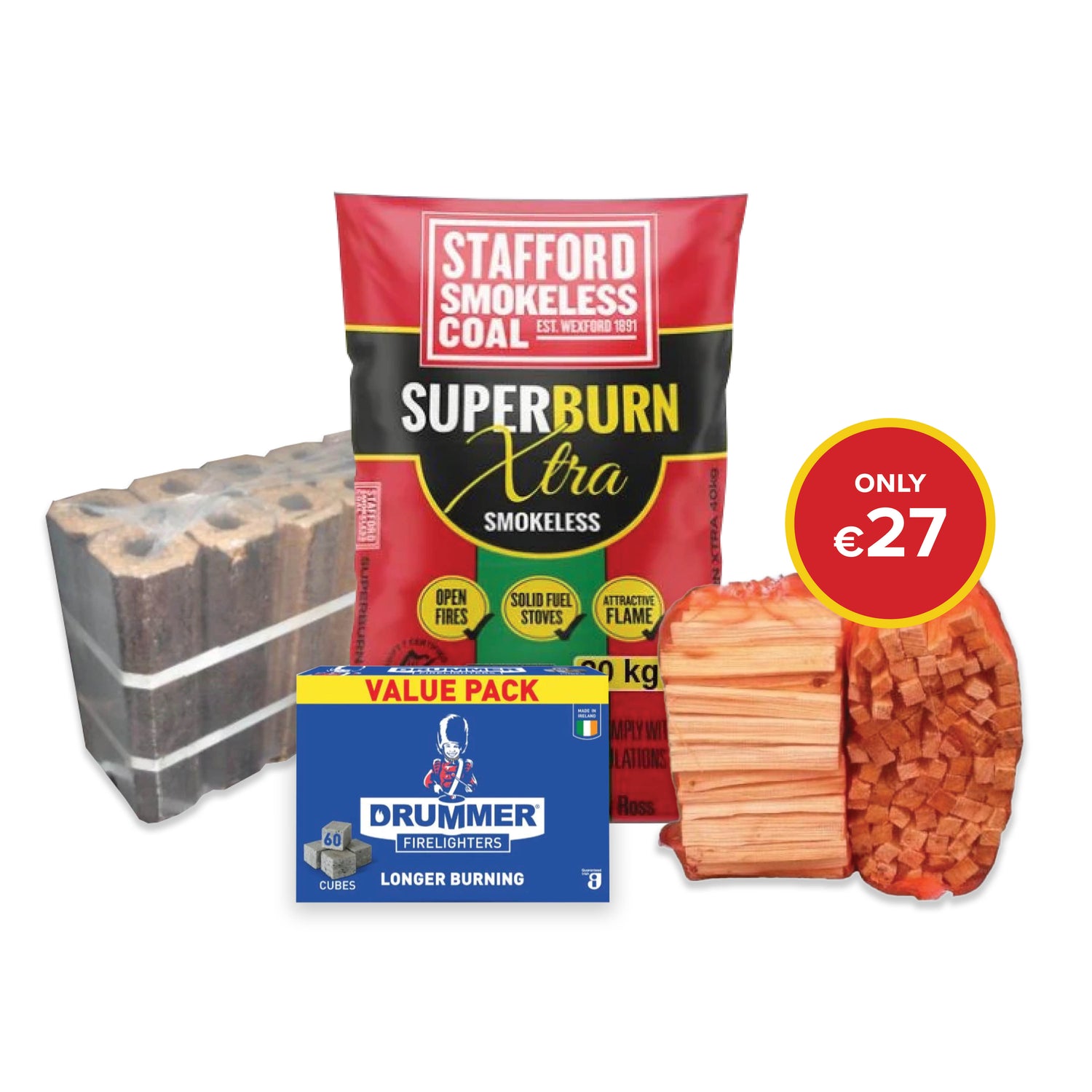 Buy 1 bag Superburn Xtra 20kg, 1 box of Drummer Firelighters, 1 bags of Kindling and 1 pack of Hardwood Briquettes for €27