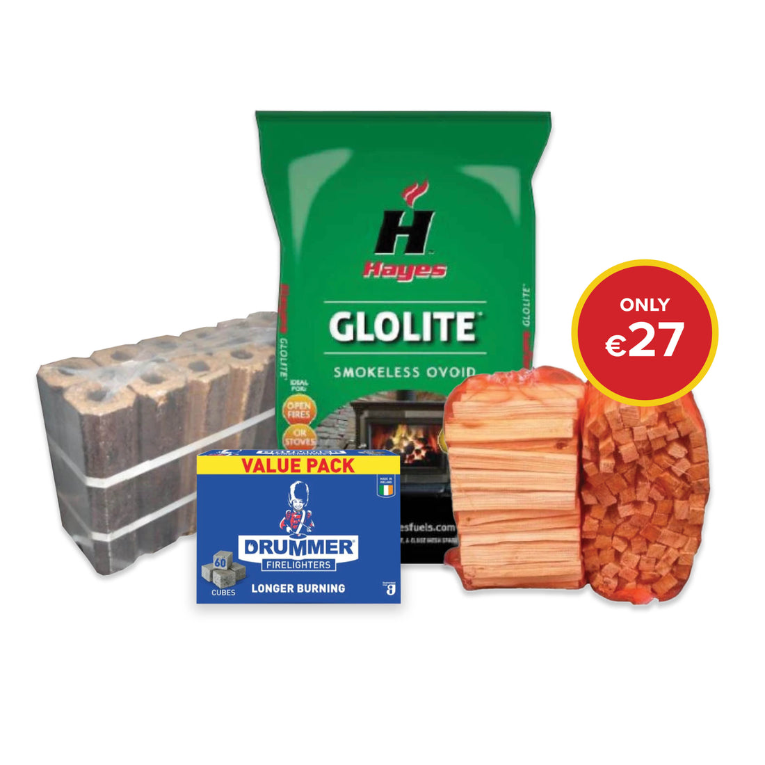 Buy 1 bag Glolite Coal 20kg, 1 box of Drummer Firelighters, 1 bags of Kindling and 1 pack of Hardwood Briquettes for €27