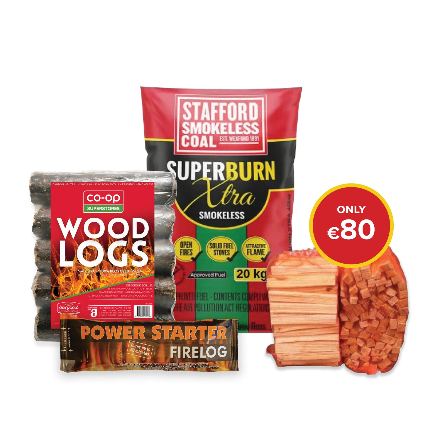 Buy 3 bag Superburn Xtra 20kg, 10  Firelogs, 3 bags of Kindling and 3 bale of Woods logs 5s for €80