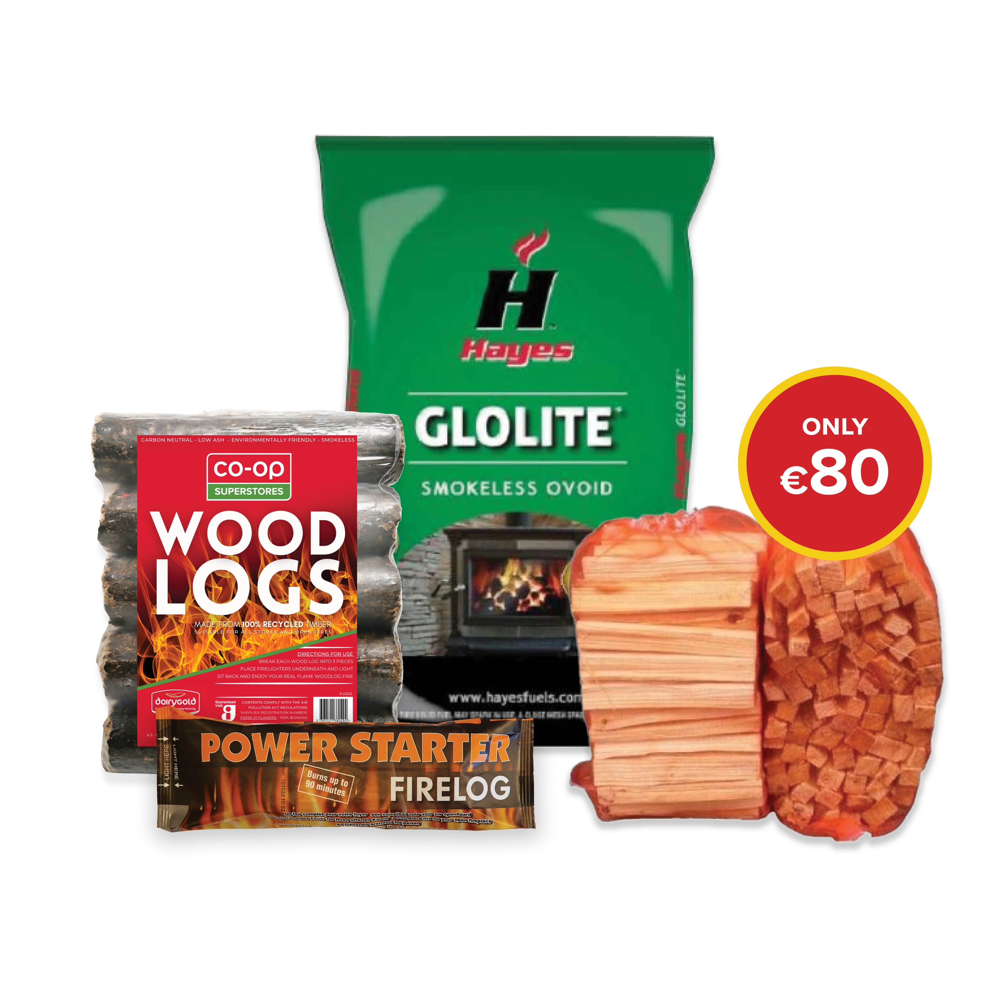 Buy 3 bag Glolite 20kg, 10 Firelogs, 3 bags of Kindling and 3 bale of Woods logs 5s for €80